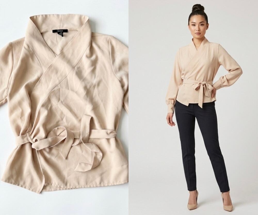 Forever 21 Surplice Wrap Tie Peplum Top Beige Small